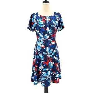 Preston & York Blue Crepe Texture Floral Fit & Flare Pleated Business Dress